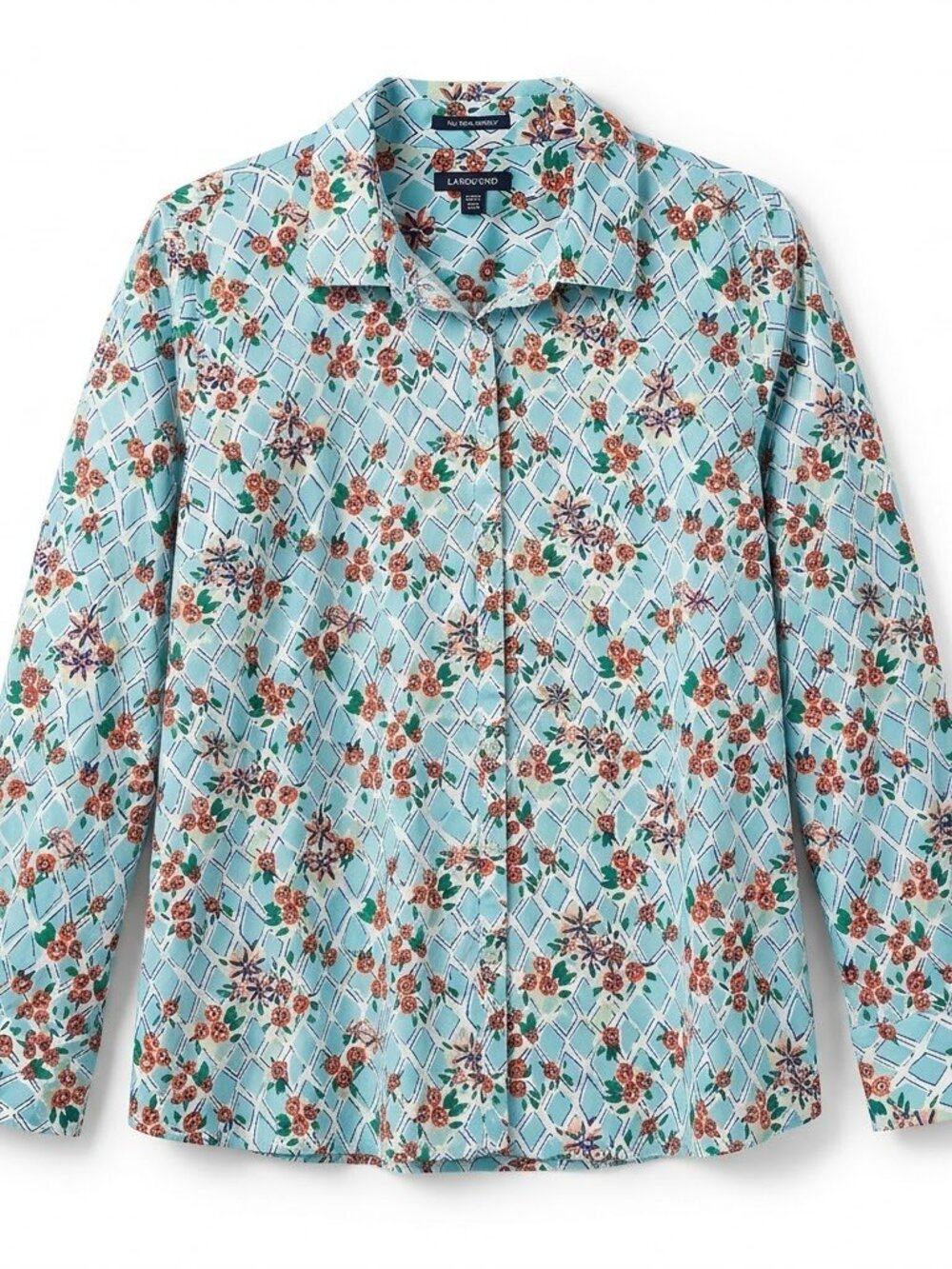 Lands End No Iron Supima Cotton Blouse Shirt 26W Plus Size Blue Floral Lattice